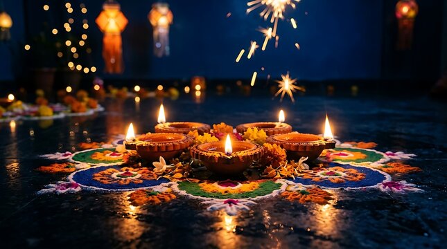 Lit clay diyas on colorful rangoli for diwali celebration