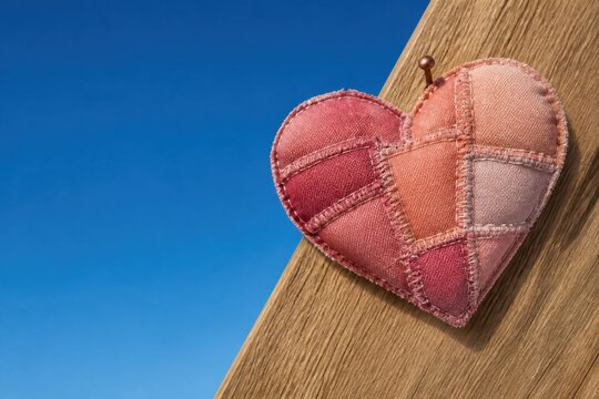 Patchwork heart ornament on rustic wood with blue background