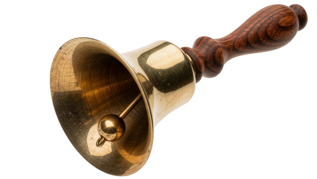 Polished brass bell with wooden handle, isolated on transparent background