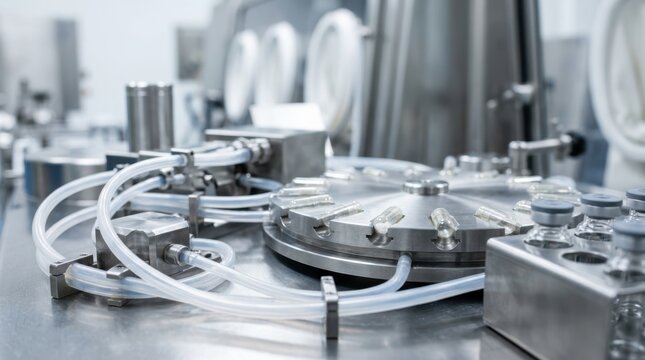 Aseptic pharmaceutical production line with stainless-steel isolators, vial racks, peristaltic tubing, and a capsule-filling carousel.