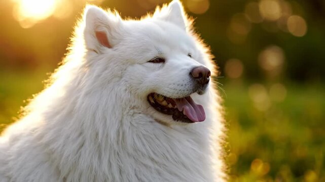 Joyful Samoyed dog with closed eyes basking in warm golden hour sunlight.