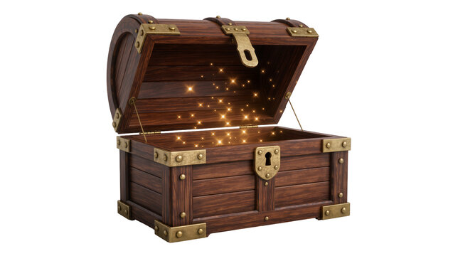 Antique wooden treasure chest with brass fittings emitting golden sparkles, isolated on transparent background