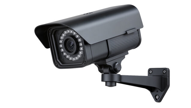Black outdoor security camera with infrared LEDs mounted on bracket, isolated on transparent background