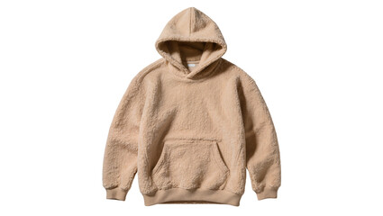 Fuzzy beige sherpa hoodie with kangaroo pocket, isolated on transparent background © Corotaev