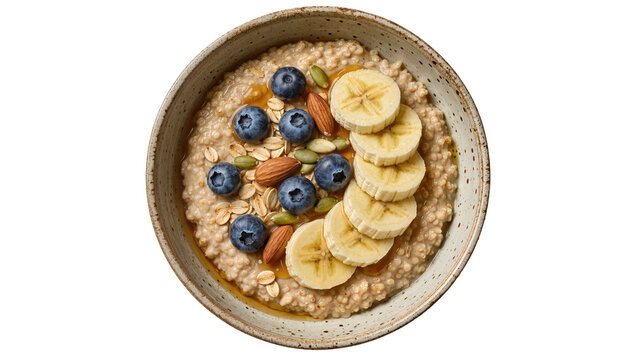 Hearty oatmeal bowl with blueberries banana slices almonds and seeds, isolated on transparent background