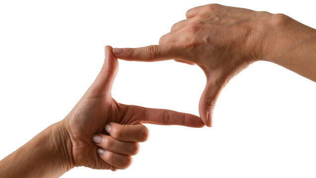 Human hands framing a rectangular space, isolated on transparent background