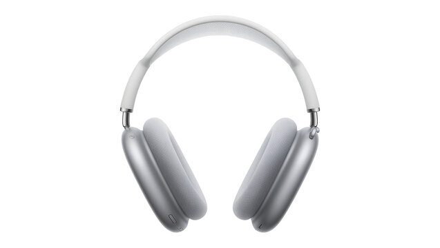 Silver over-ear headphones with white headband, isolated on transparent background