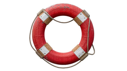 Red textured life preserver ring with rope and metal accents, isolated on transparent background © Corotaev