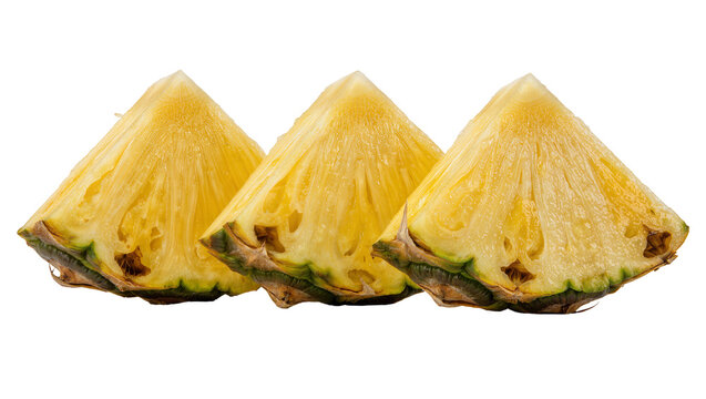 Three juicy pineapple slices with green rind, isolated on transparent background