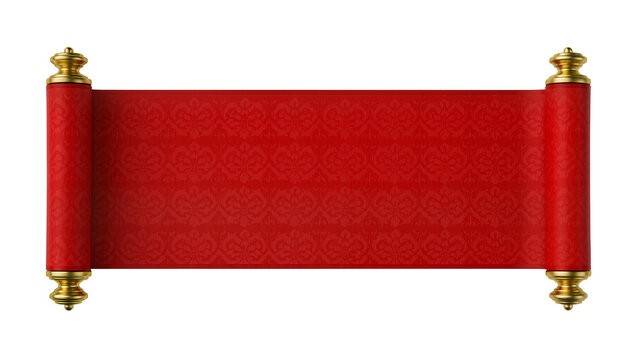 Ornate red scroll with gold finials patterned fabric, isolated on transparent background