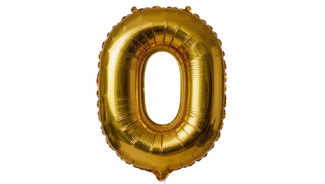 Shiny golden number zero balloon, isolated on transparent background