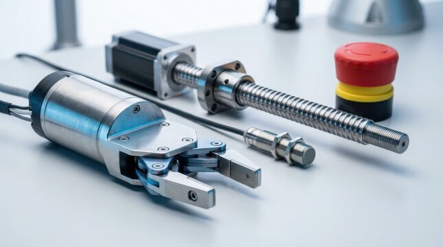 Robotic components arranged on a workbench including servo motor, gripper, ball screw and emergency stop button