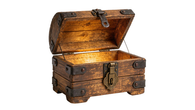 Antique wooden treasure chest with metal clasps open and empty, isolated on transparent background