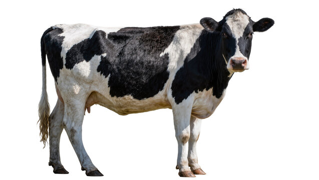 Black and white Holstein Friesian cow standing, isolated on transparent background