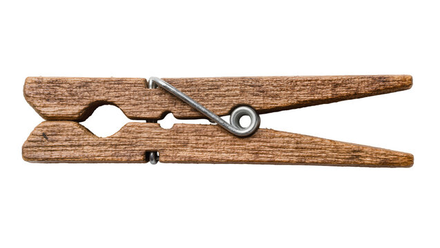 Wooden clothespin with metal spring, isolated on transparent background