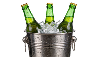 Three green beer bottles chilling in a metal ice bucket with condensation, isolated on transparent background © Corotaev