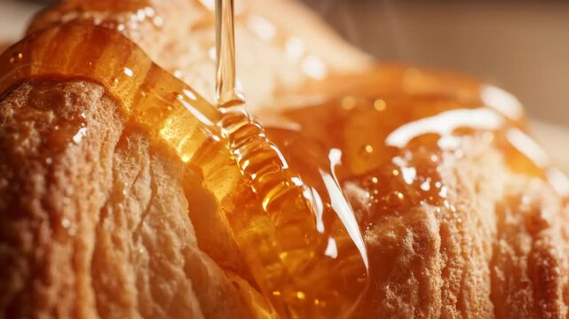 Appetizing close-up of sweet golden honey drizzling over a warm, flaky pastry.