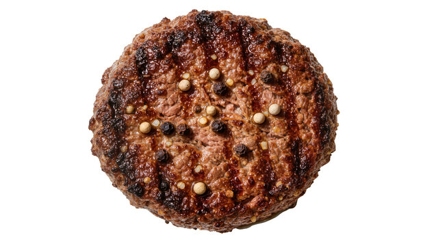 Juicy grilled beef burger patty with peppercorns, isolated on transparent background