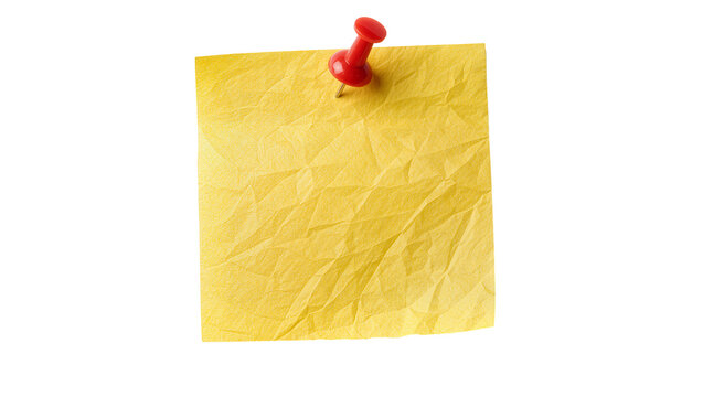 Crinkled yellow sticky note secured by a red pushpin, isolated on transparent background