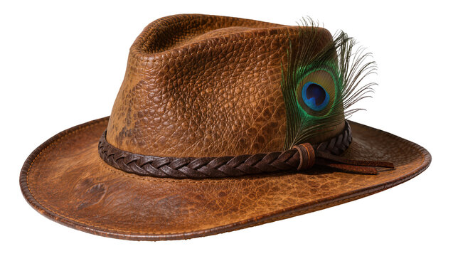 Brown distressed leather fedora hat with braided band and peacock feather, isolated on transparent background
