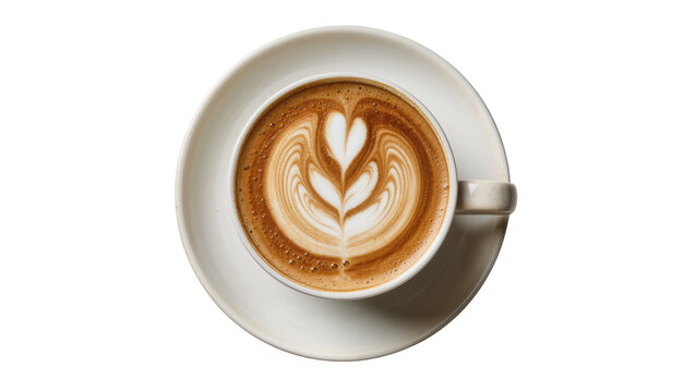 Creamy latte with intricate foam art on saucer, isolated on transparent background