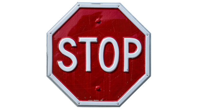 Red octagonal stop sign with white letters, isolated on transparent background
