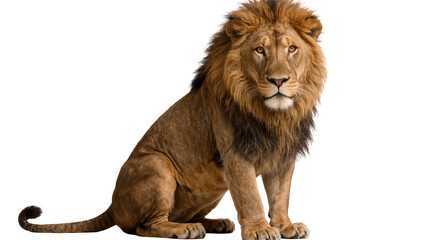 Majestic male lion with full mane sitting regally, isolated on transparent background © Aliona
