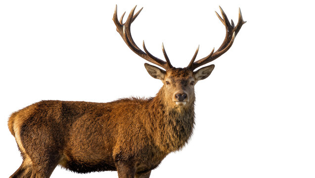 Majestic red deer stag with large antlers, isolated on transparent background