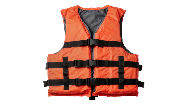 Orange life vest with black buckles and straps, isolated on transparent background