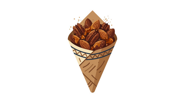 Roasted pecans and almonds in a paper cone snack