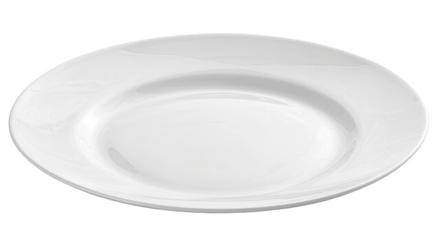 Empty white porcelain dinner plate with raised rim, isolated on transparent background