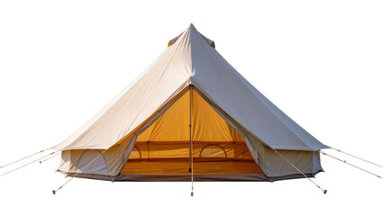 Large beige bell tent with open entrance, isolated on transparent background © Corotaev