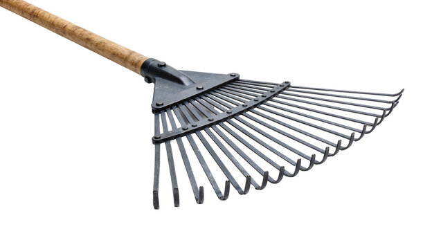 Metal fan rake with wooden handle, isolated on transparent background