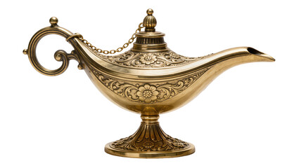 Ornate antique brass genie lamp with intricate floral carvings, isolated on transparent background © Corotaev
