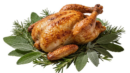 Golden roasted chicken garnished with fresh rosemary and sage leaves, isolated on transparent background © Aliona