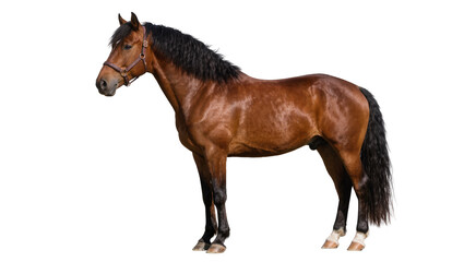 Brown horse with black mane and tail wearing a bridle, isolated on transparent background © Corotaev