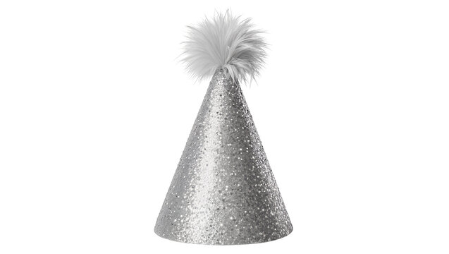 Sparkling silver party hat with fluffy white feather pom-pom, isolated on transparent background