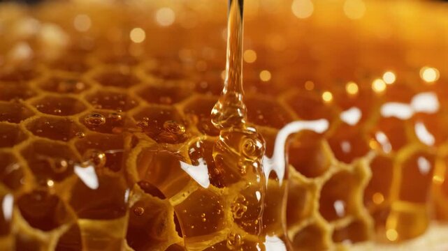 Golden honey slowly dripping onto a rich, textured honeycomb, close-up.