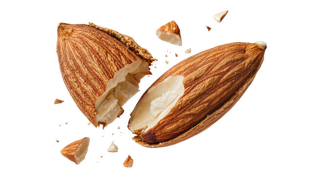 Cracked almond with shell fragments flying, isolated on transparent background