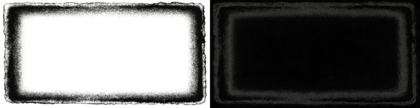 Distressed black spray paint frame with rough edges, grainy texture border overlay on transparent background for grunge style poster, urban design element and creative photo composition