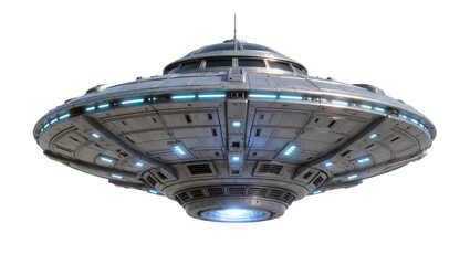 Detailed metallic flying saucer with blue lights, isolated on transparent background © Aliona