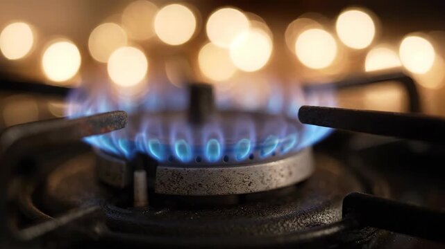 Close-up of a gas stove burner with a vibrant blue flame, warm bokeh background.