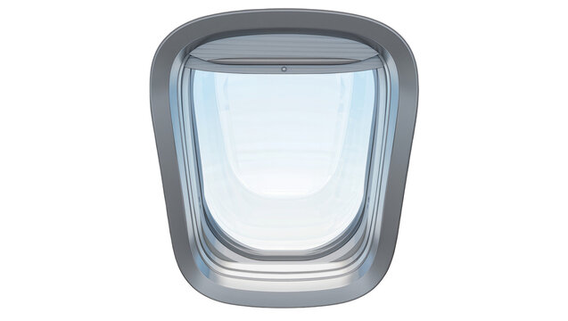 Airplane window with gray frame and blue sky view, isolated on transparent background