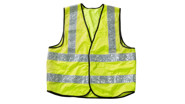 Bright yellow safety vest with reflective silver stripes, isolated on transparent background
