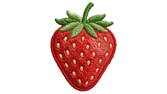 Embroidered red strawberry with green leaves and seeds, isolated on transparent background