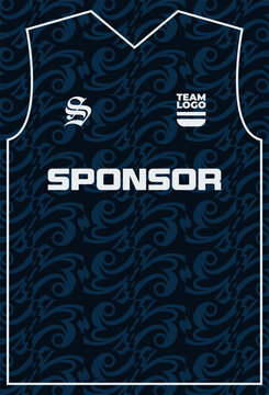 Deep navy blue monogram repeating crest pattern sports jersey mockup template for training kit