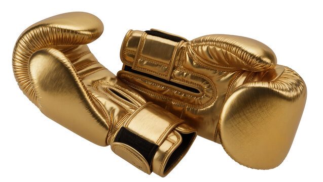 Shiny golden boxing gloves with black straps, isolated on transparent background