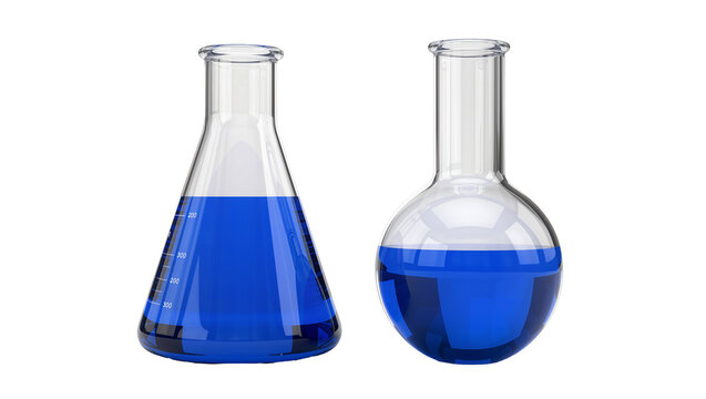 Two laboratory glass flasks with blue liquid, isolated on transparent background
