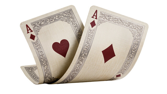 Two vintage ace playing cards heart and diamond suits, isolated on transparent background