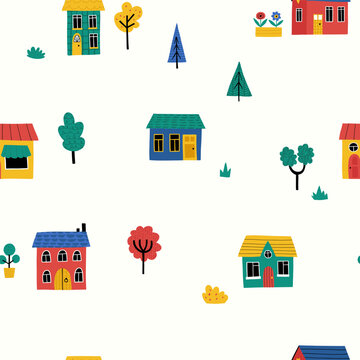 Colorful seamless pattern with hand drawn houses, trees, shrubs and flowers in red, yellow, blue and green on a warm white background. Playful neighborhood design with decorative botanical elements.